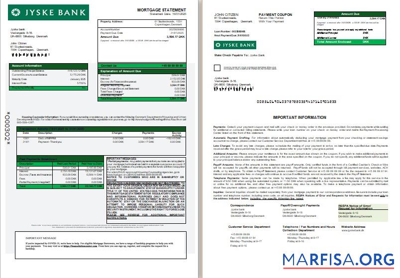 Downloadable Denmark Jyske bank mortgage statement, 3 pages, 1 2 scr sample